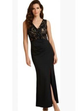 Shein Fitted Sheath Black Lace Over Nude Underlay V-Neck  Size S-M  Like New